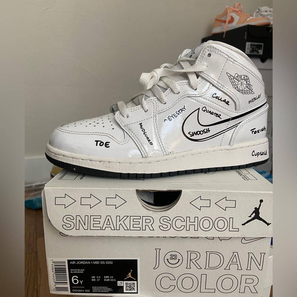 Jordan 1 mid. Boys size 6. Dry erase marker shoes. Worn couple of times.